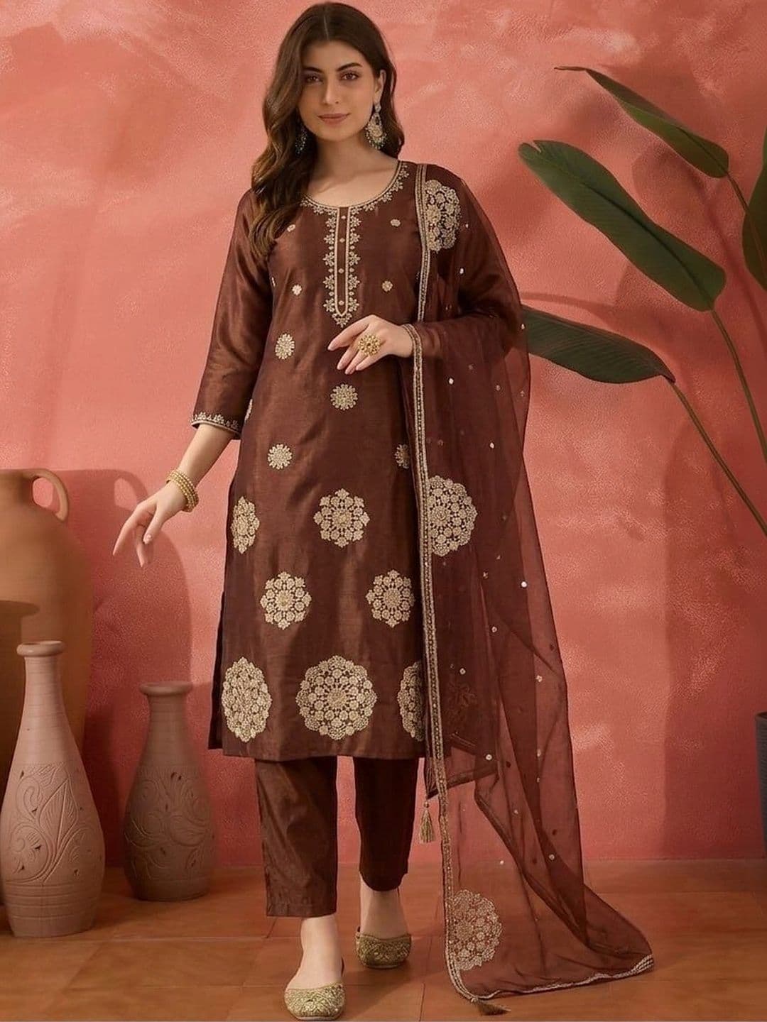 Sangria Women Ethnic Motifs Embroidered Regular Thread Work Pure Silk Kurta with Trousers & With Dupatta - view 1