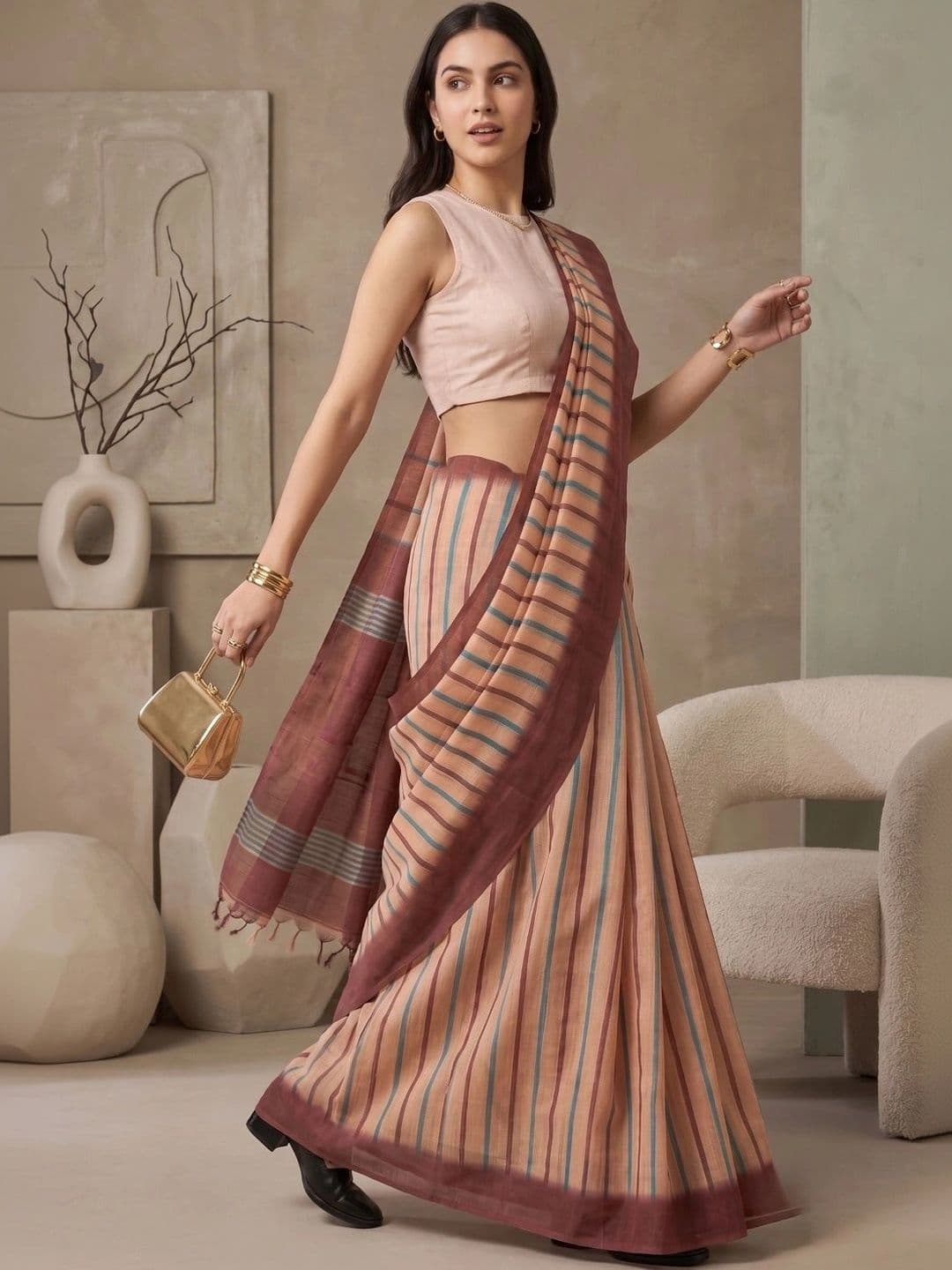 BORAD FASHION Striped Designer Chanderi Saree thumbnail 4