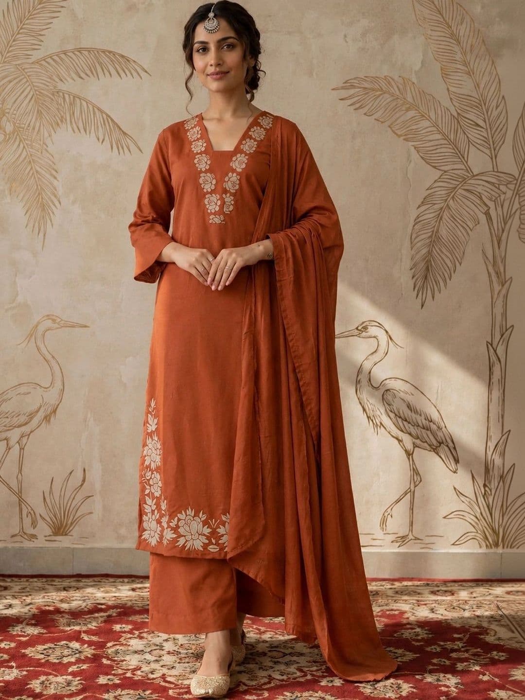 Sangria Women Ethnic Motifs Embroidered Regular Thread Work Kurta with Palazzos & With Dupatta thumbnail 5