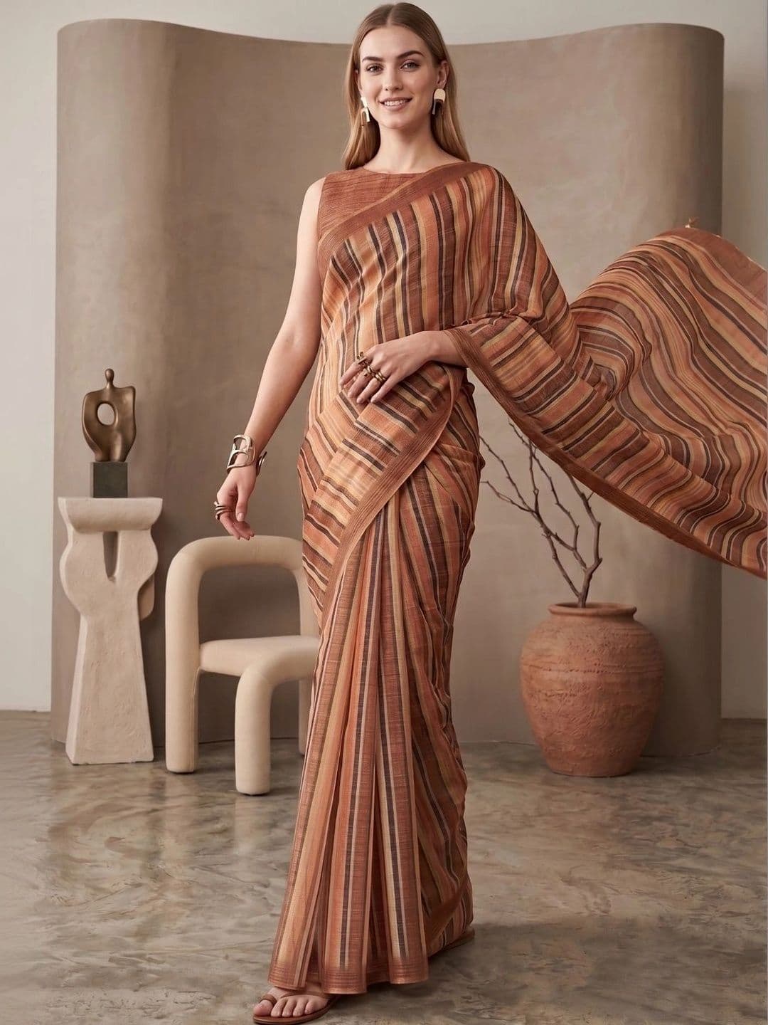 BORAD FASHION Women Striped Designer Chanderi Saree - view 1