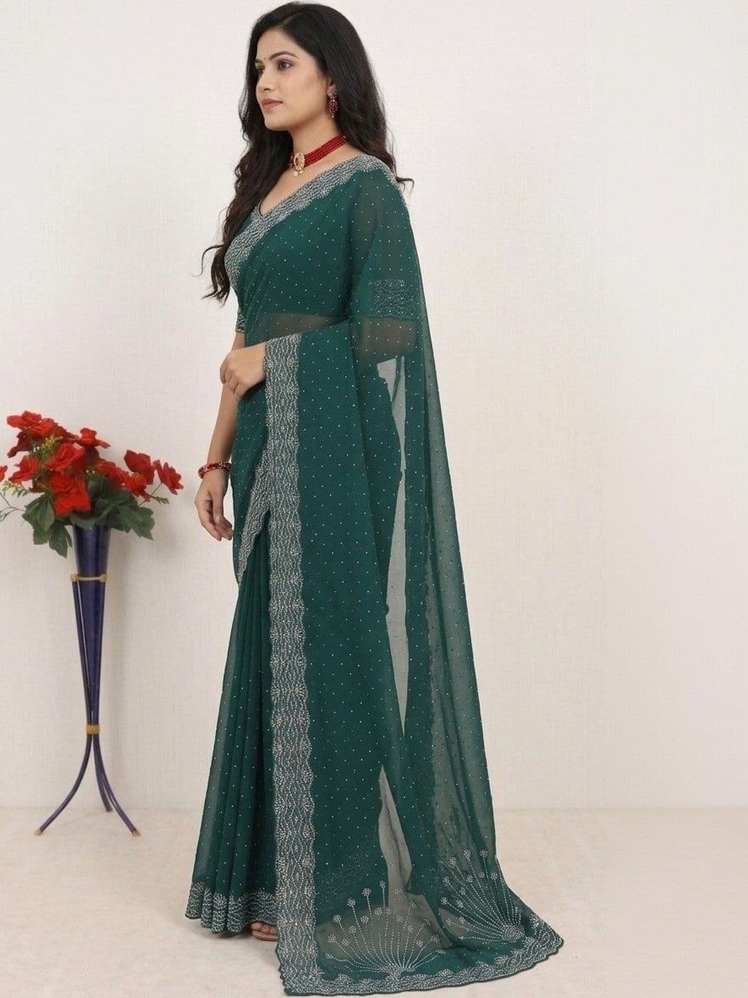 SmileyFashion Embellished Embroidered Pure Georgette Designer Saree thumbnail 3