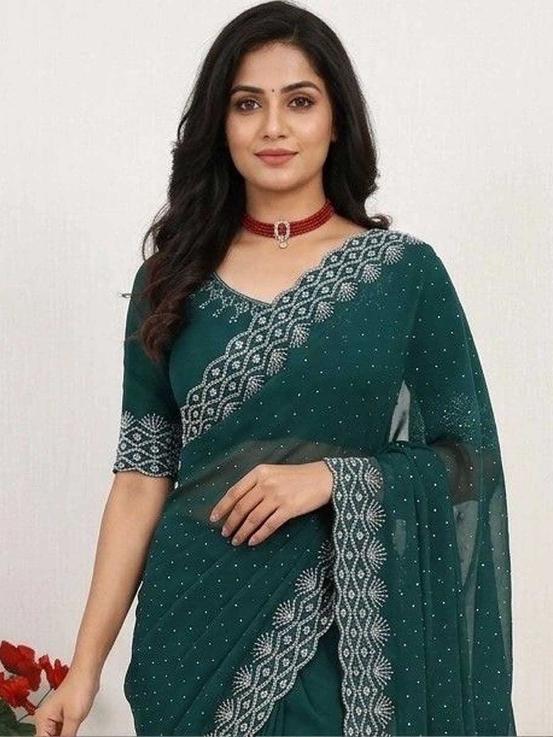SmileyFashion Embellished Embroidered Pure Georgette Designer Saree thumbnail 5