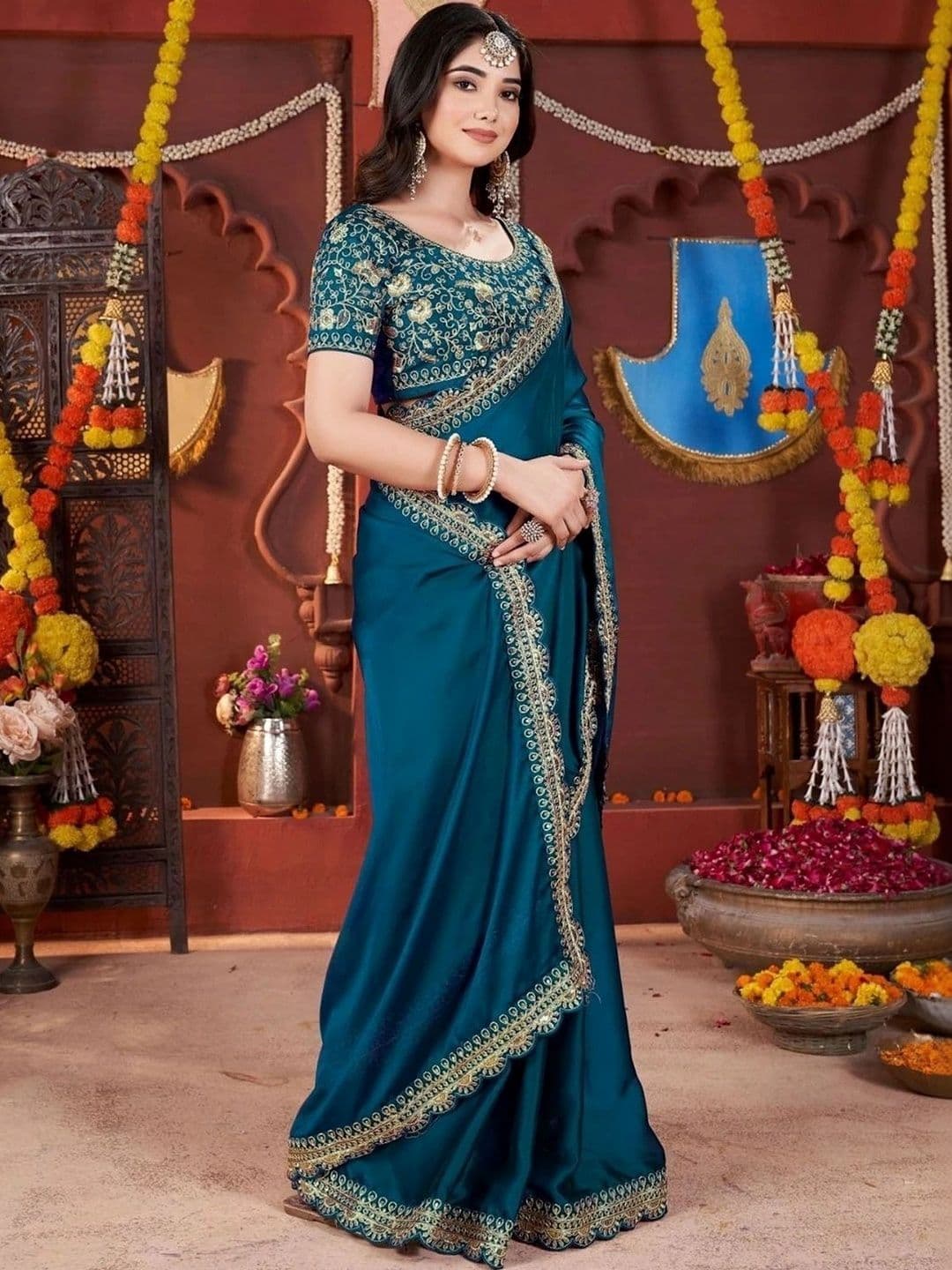 KALINI Embroidered Silk Blend Heavy Work Saree thumbnail 3