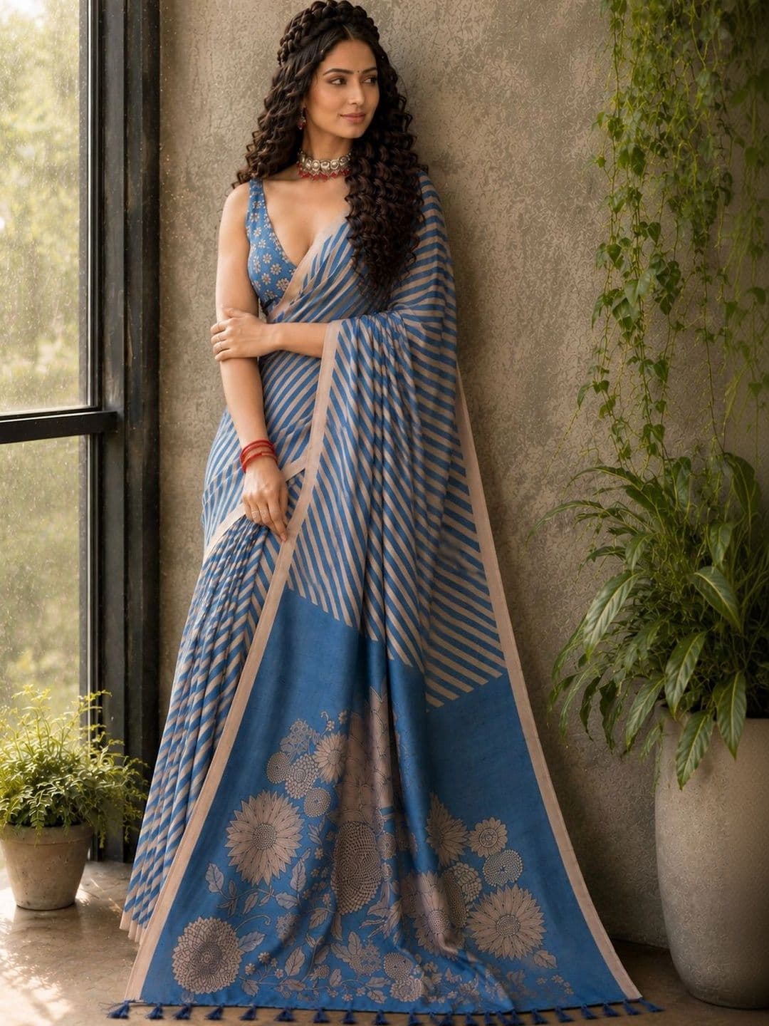 NIWAA Women Floral Silk Blend Leheriya Saree thumbnail 2
