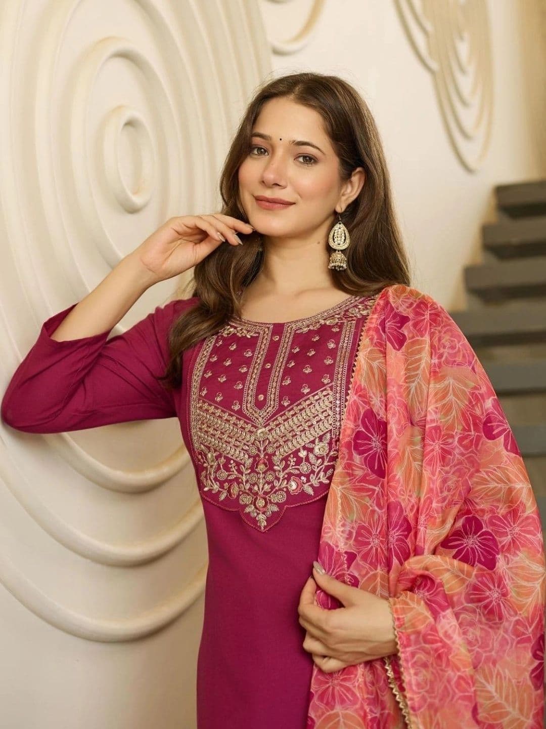 Moda Rapido Women Ethnic Motifs Embroidered Regular Thread Work Kurta with Trousers & With Dupatta thumbnail 3