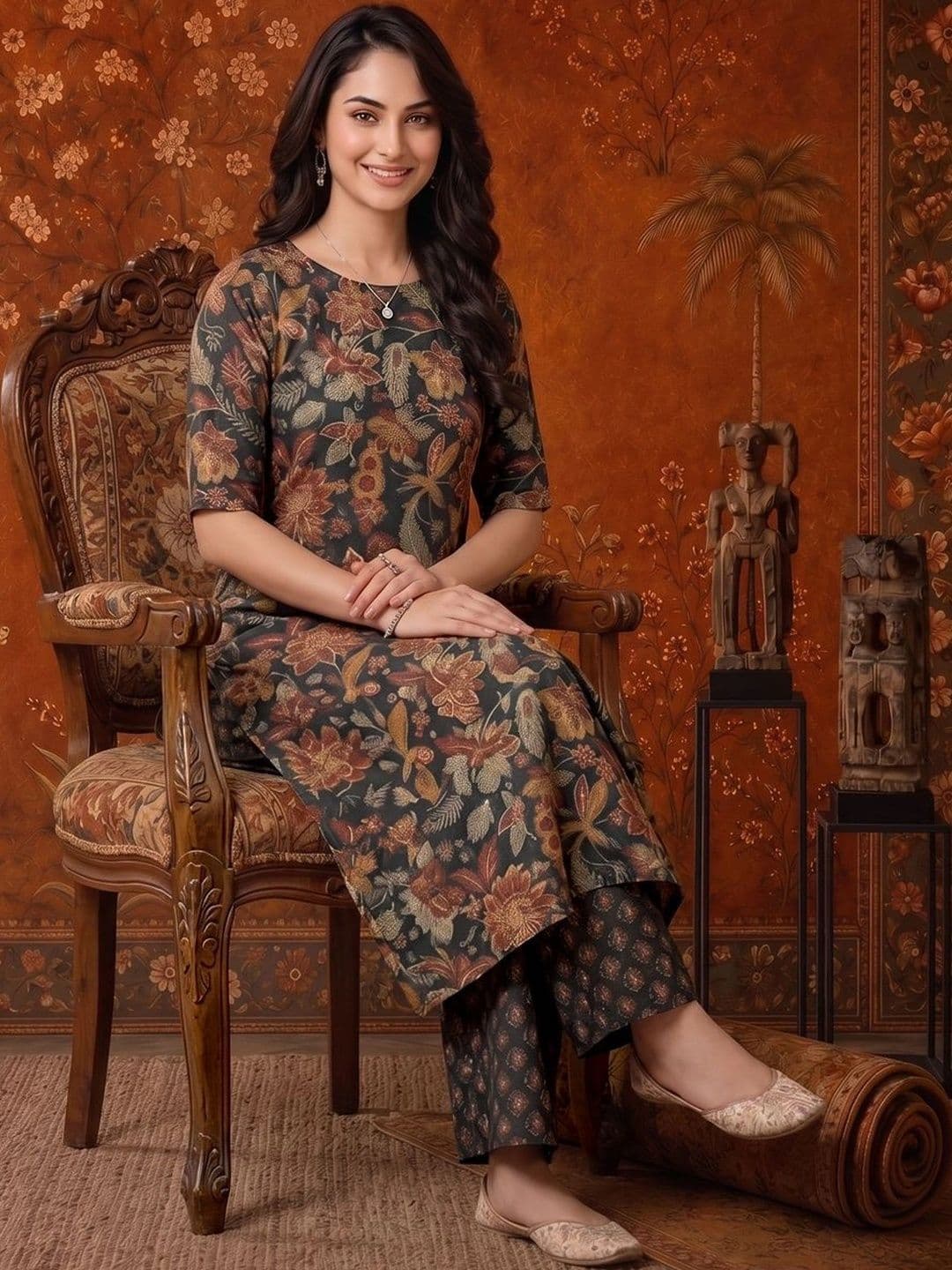 Sangria Women Floral Printed Regular Kurta with Palazzos thumbnail 6