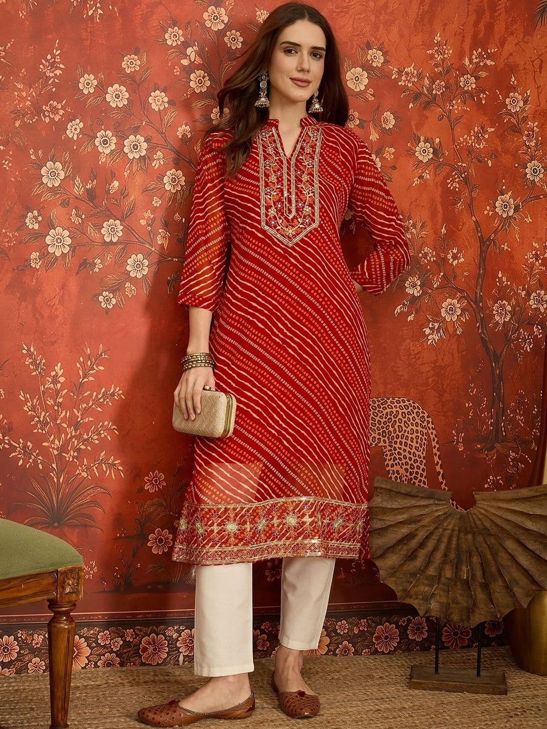 Sangria Women Leheriya Printed Thread Work Georgette Kurta thumbnail 2