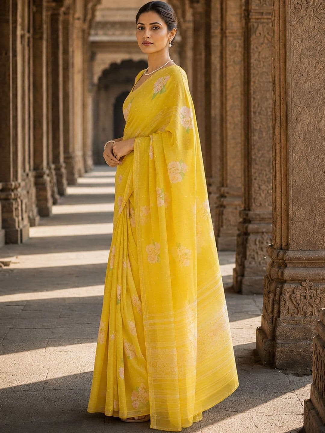 Mitera Floral Linen Blend Designer Block Print Saree thumbnail 4