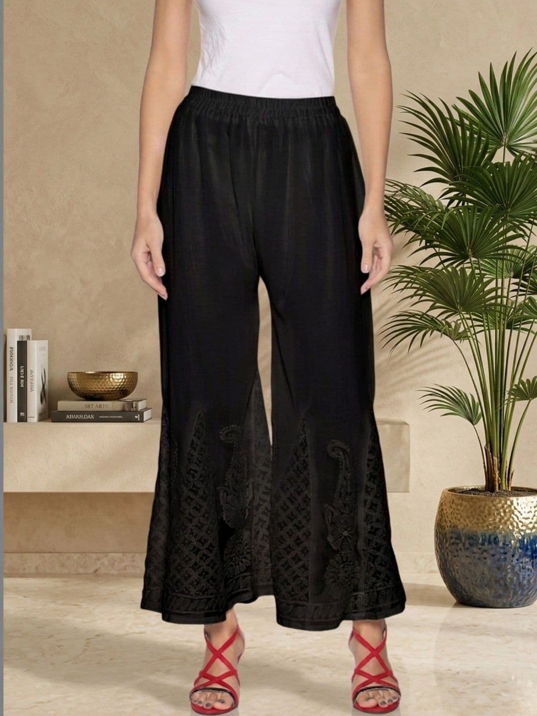 HERE&NOW Women's Black Ethnic Motifs Embroidered Wide-Leg Fit Palazzos - view 1