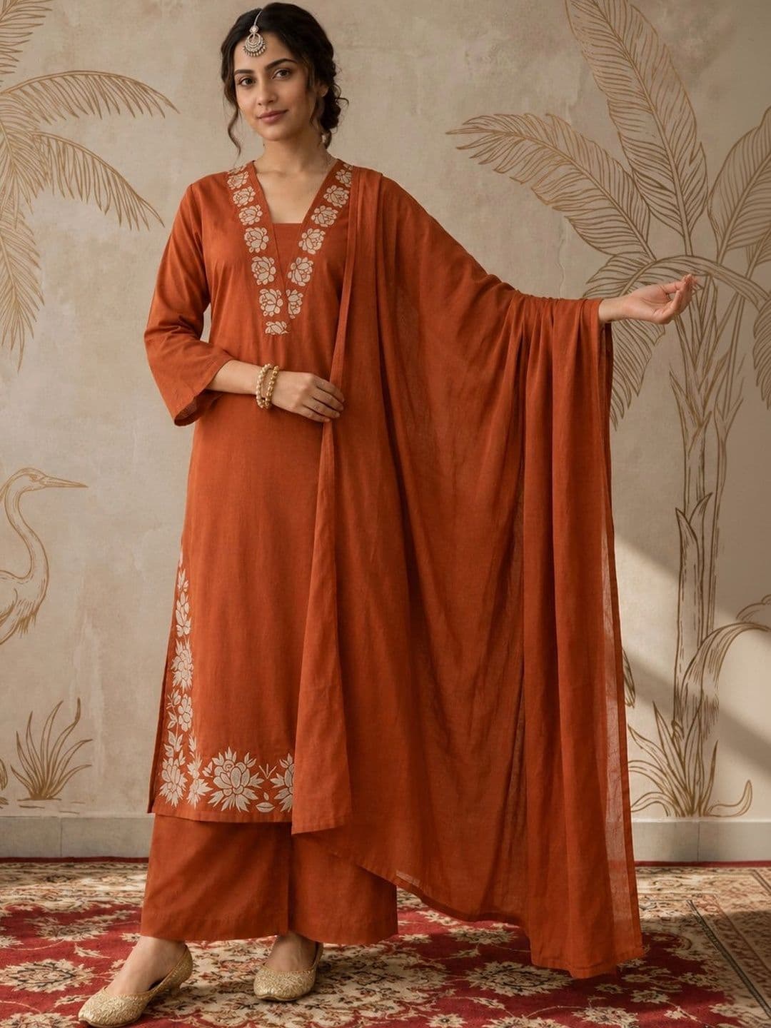 Sangria Women Ethnic Motifs Embroidered Regular Thread Work Kurta with Palazzos & With Dupatta thumbnail 7