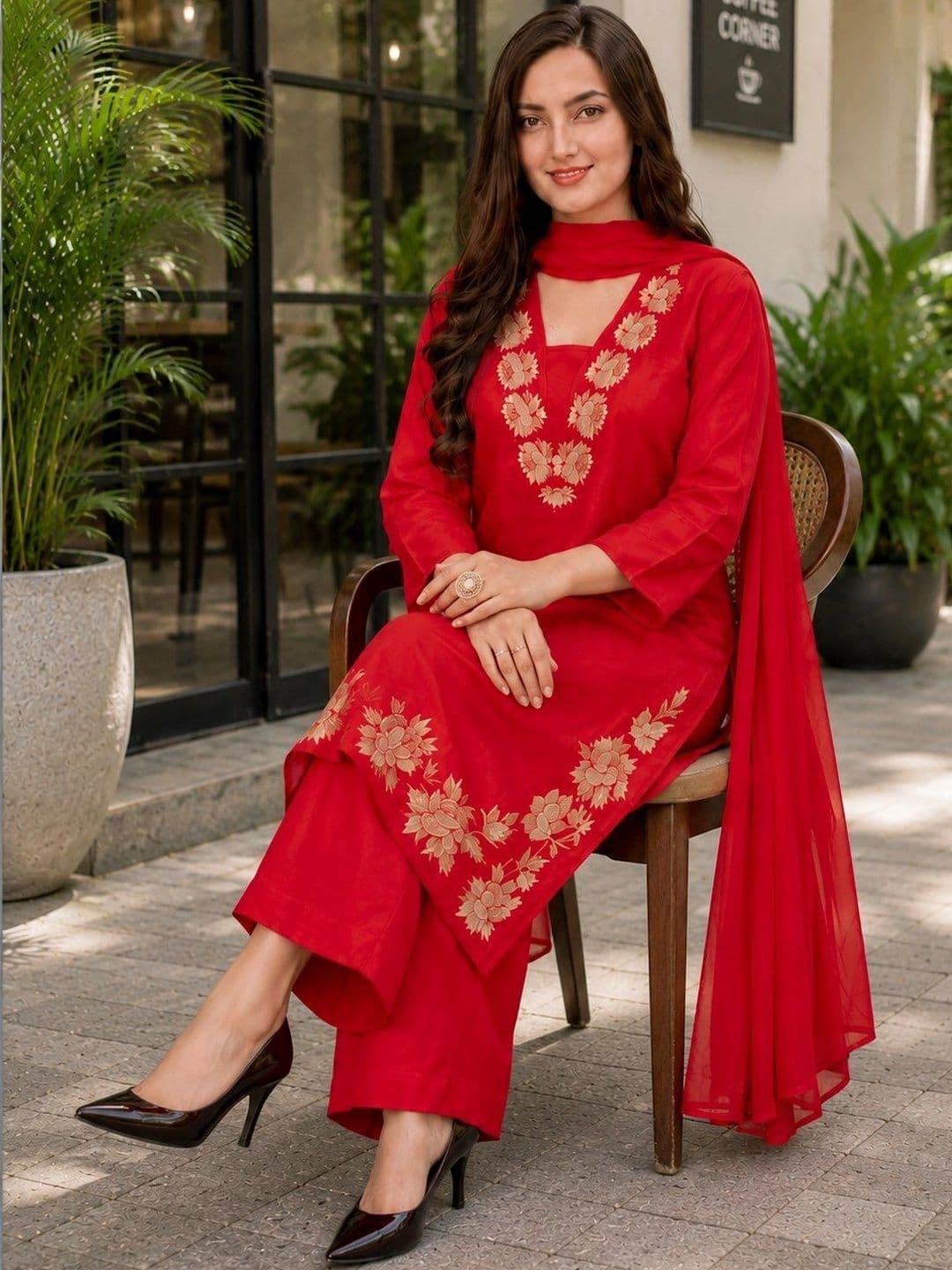 SZN Women Ethnic Motifs Embroidered Regular Thread Work Kurta with Palazzos & With Dupatta thumbnail 3