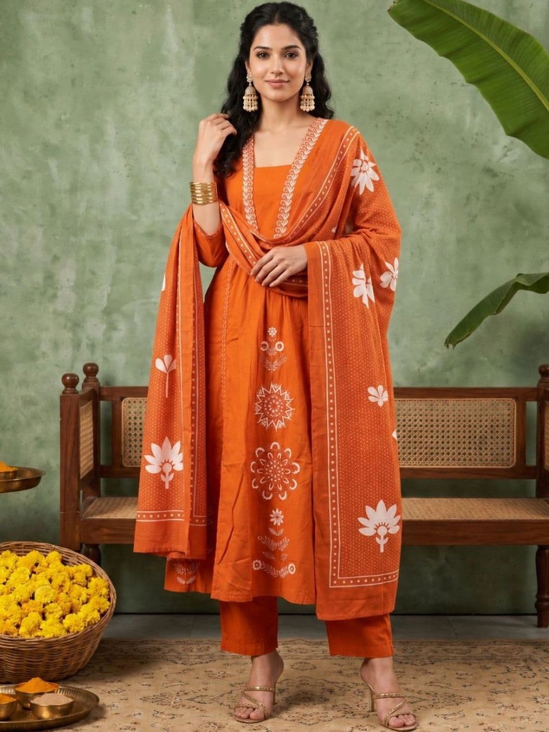 Anouk Women Ethnic Motifs Printed Empire Pure Cotton Kurta with Trousers & With Dupatta thumbnail 6