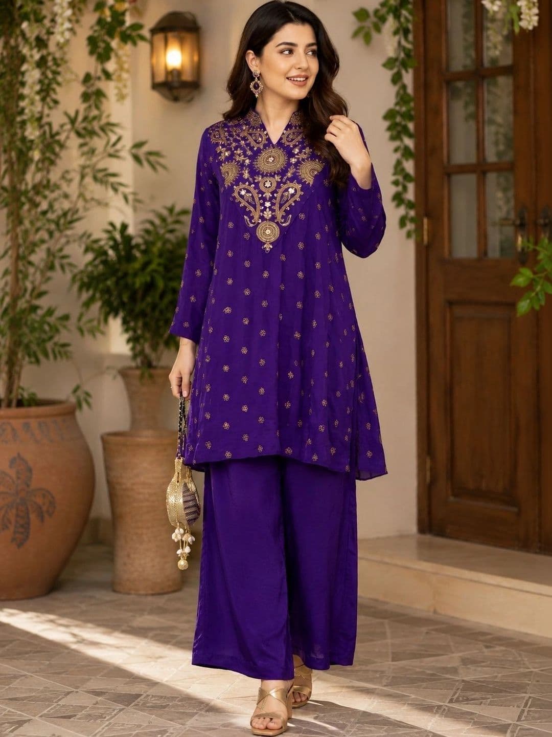 KALINI Women Ethnic Motifs Embroidered Regular Thread Work Silk Crepe Kurta with Palazzos - view 1