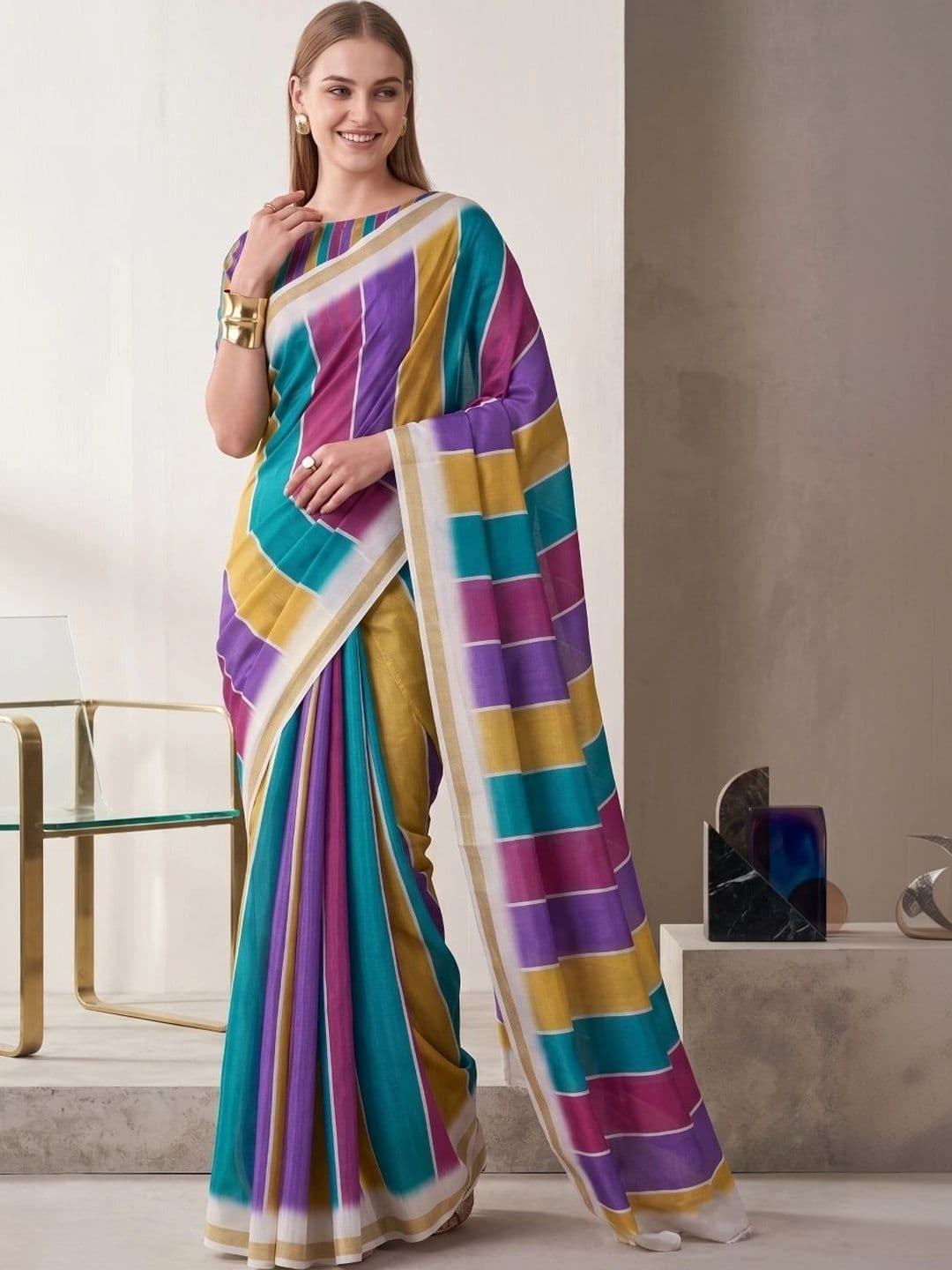 BORAD FASHION Striped Designer Chanderi Saree thumbnail 4