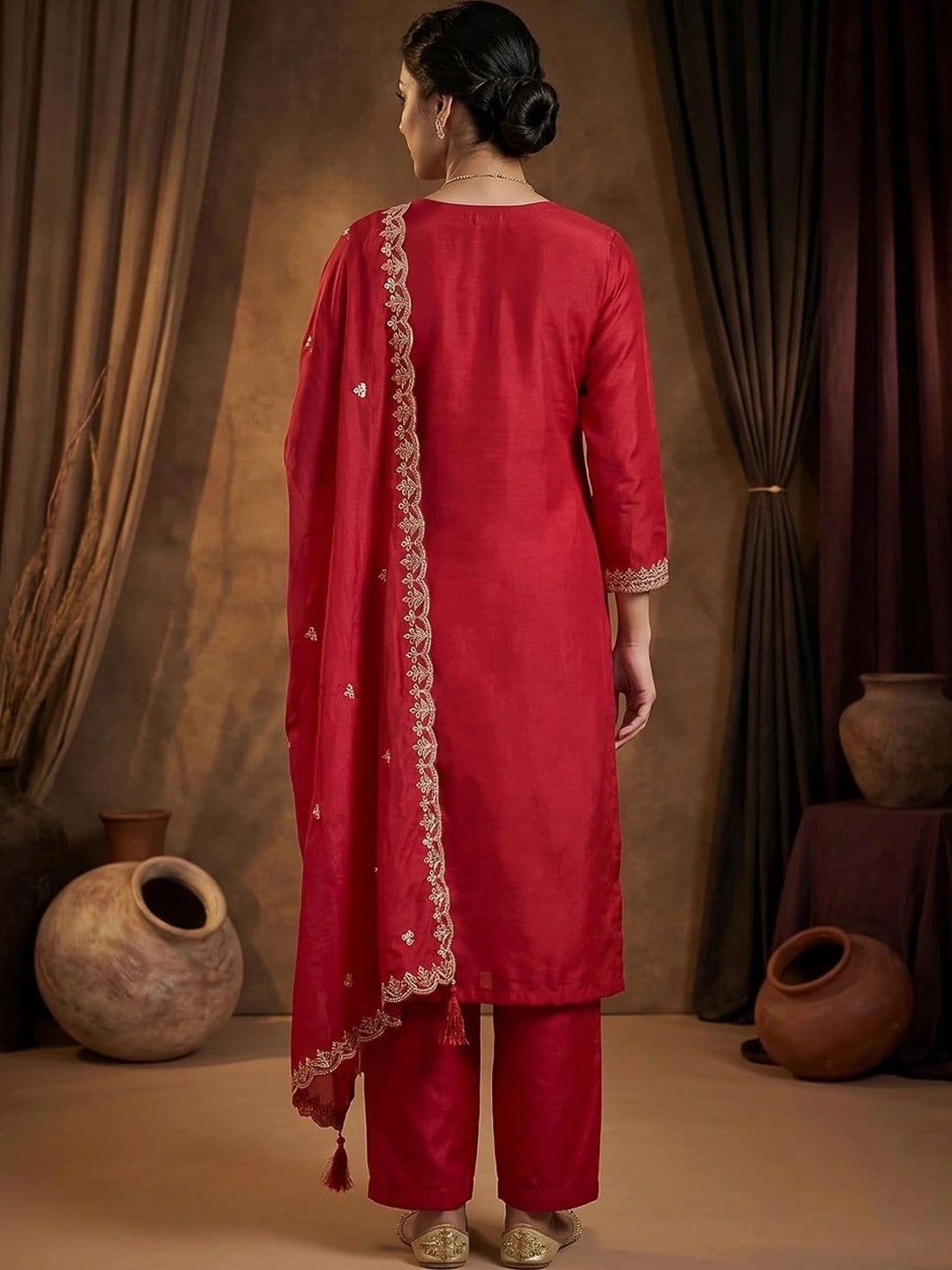 Meena Bazaar Women Ethnic Motifs Embroidered Kurta with Trousers & Dupatta thumbnail 6
