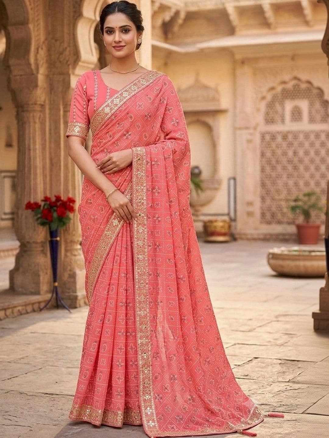 SmileyFashion Bandhani Embroidered Art Silk Designer Bandhani Saree - view 1
