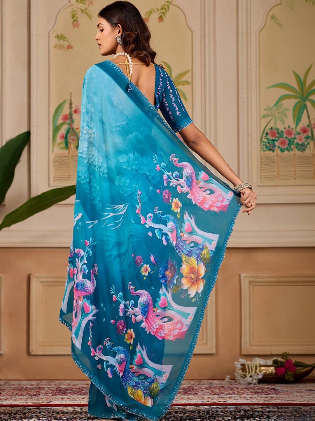 K 5 Fashion Ethnic Motifs Embroidered Pure Georgette Fusion Ikat Saree thumbnail 4