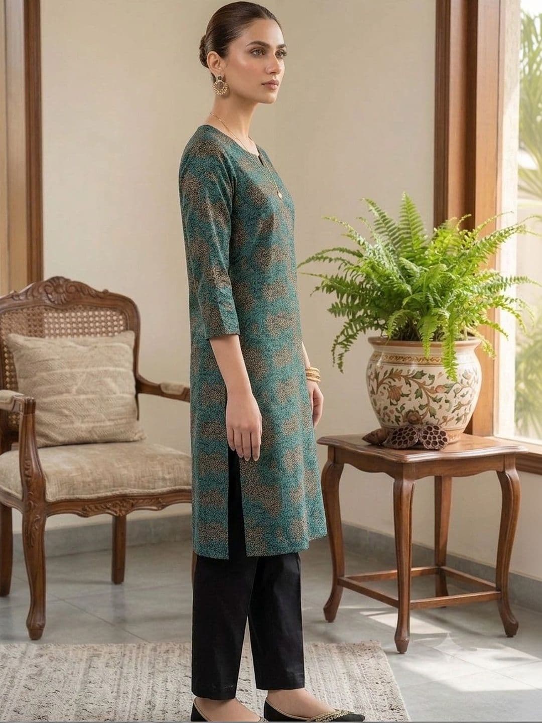 Khasmuda Attire Women Ethnic Motifs Printed Regular Pure Cotton Kurti with Trousers thumbnail 5