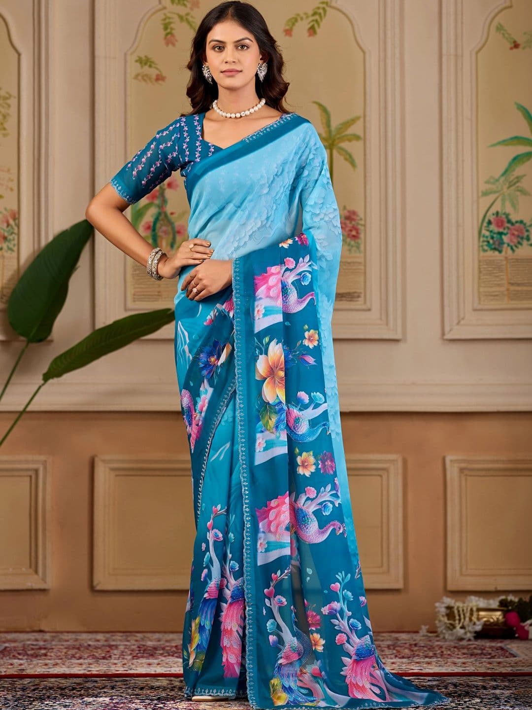 K 5 Fashion Ethnic Motifs Embroidered Pure Georgette Fusion Ikat Saree - view 1