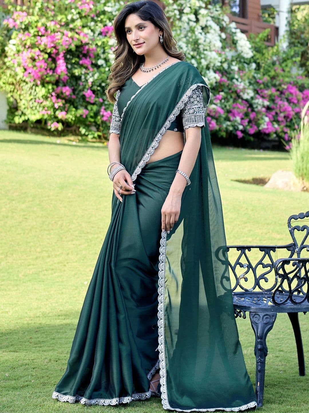 K 5 Fashion Ethnic Motifs Embroidered Pure Georgette Fusion Ikat Saree thumbnail 3