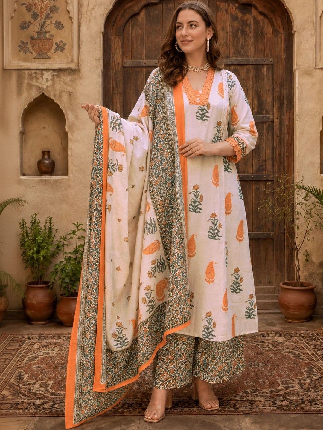 Sangria Women Ethnic Motifs Printed Regular Kurta with Palazzos & With Dupatta - view 1