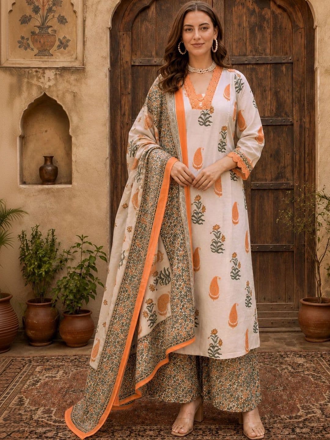 Sangria Women Ethnic Motifs Printed Regular Kurta with Palazzos & With Dupatta thumbnail 7