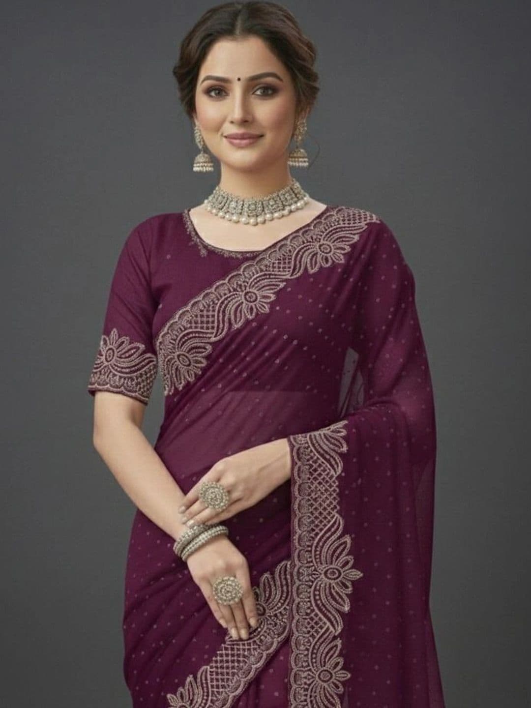 RENBRIZA Embroidered Poly Georgette Saree thumbnail 2