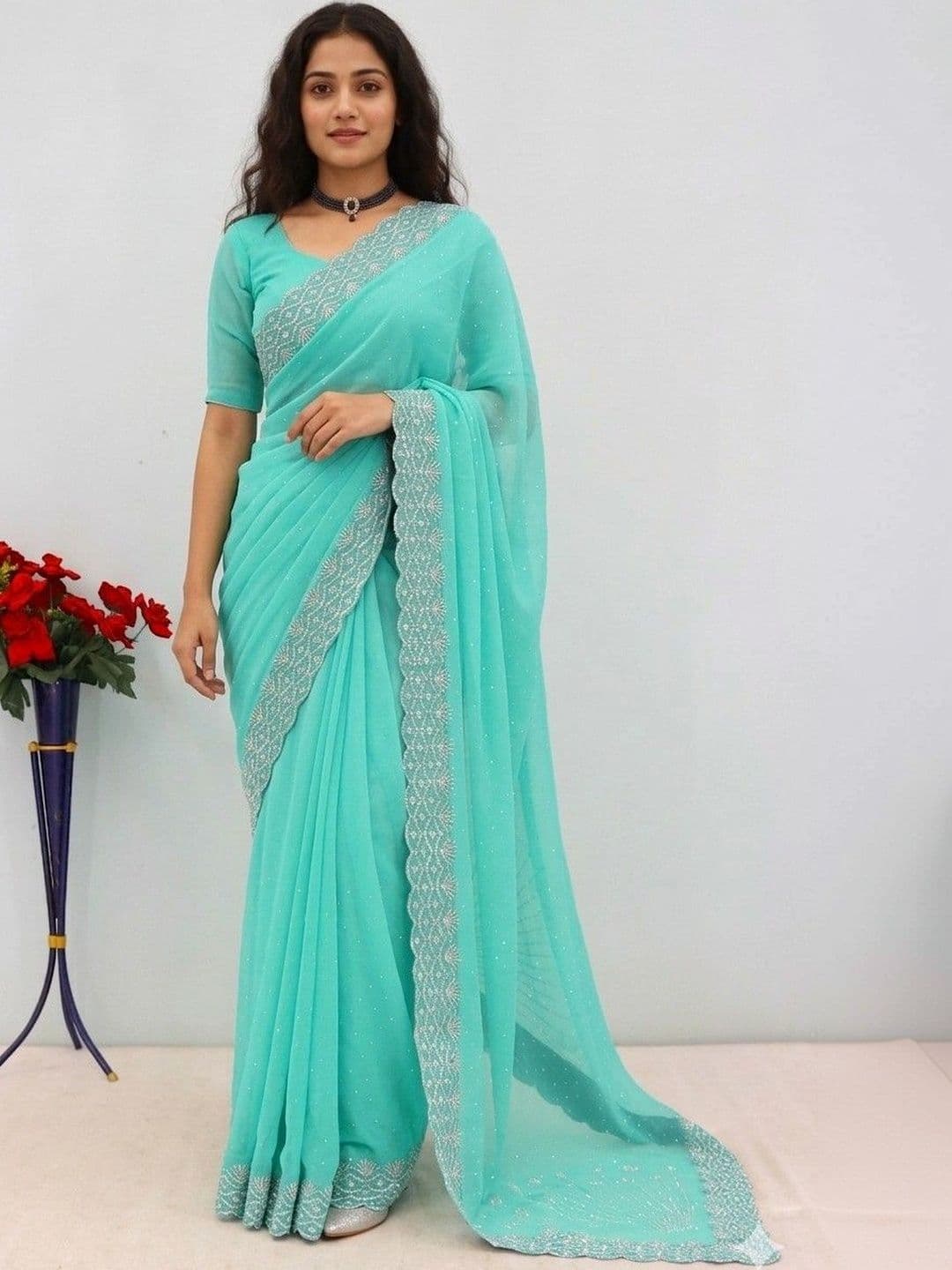 SmileyFashion Embellished Embroidered Pure Georgette Designer Saree - view 1
