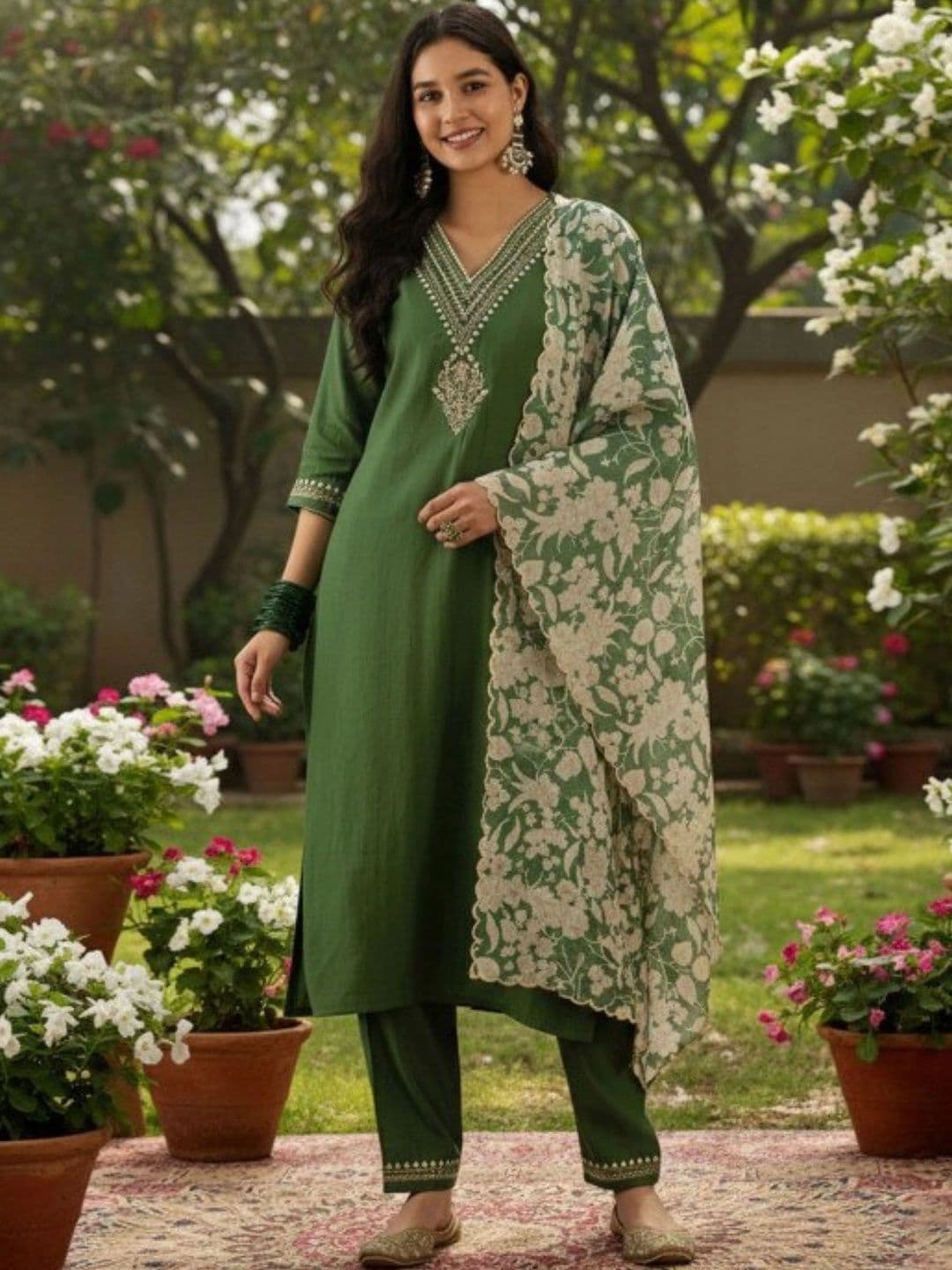 Anouk Women Floral Embroidered Regular Thread Work Kurta with Trousers & With Dupatta - view 1