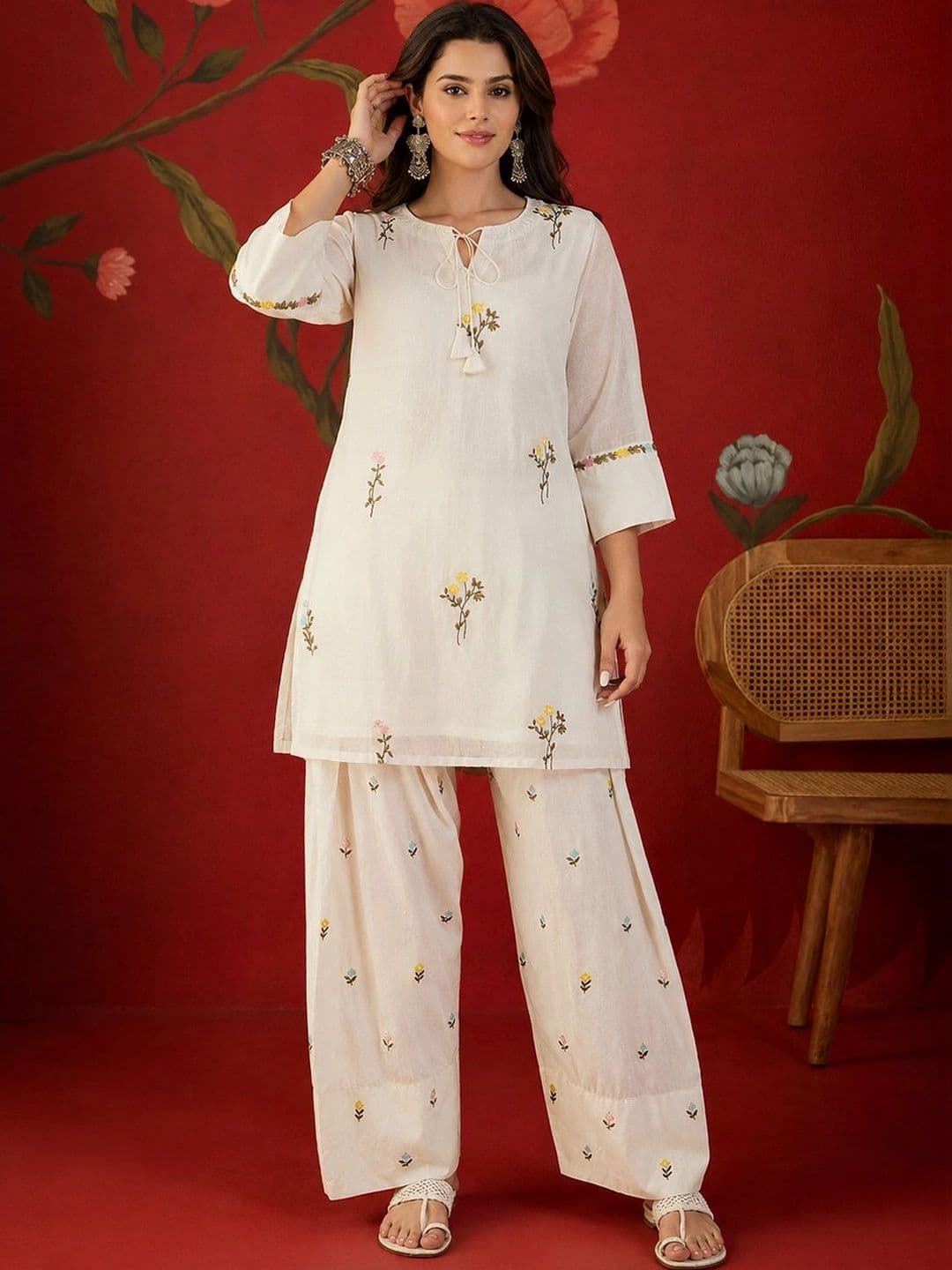 Sangria Women Floral Embroidered Regular Thread Work Kurta with Palazzos thumbnail 4