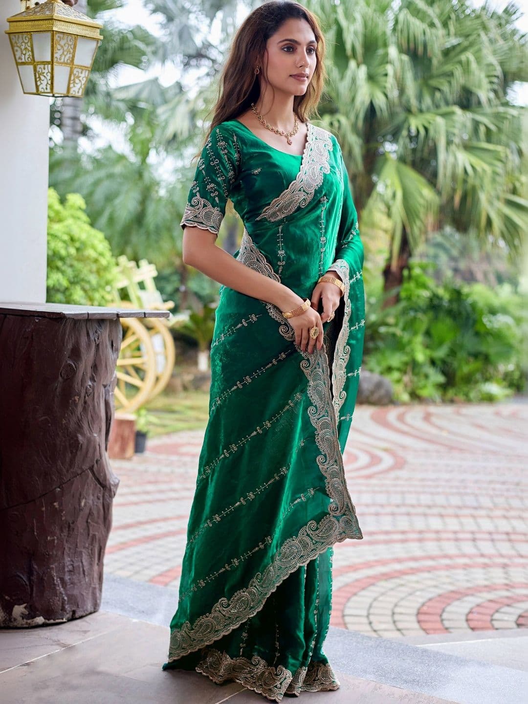 K 5 Fashion Ethnic Motifs Embroidered Satin Fusion Ikat Saree thumbnail 4