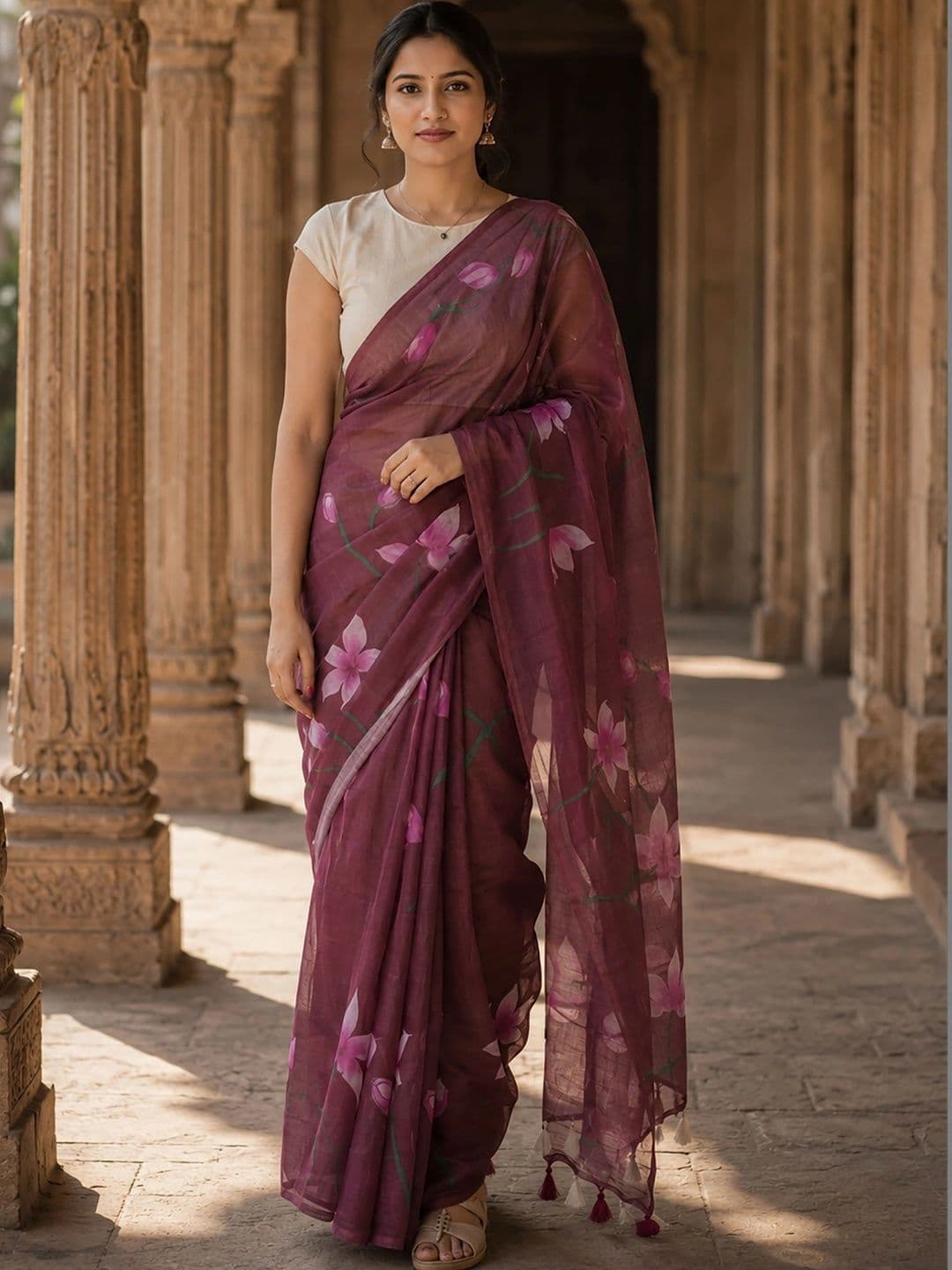Mitera Floral Linen Blend Designer Block Print Saree - view 1