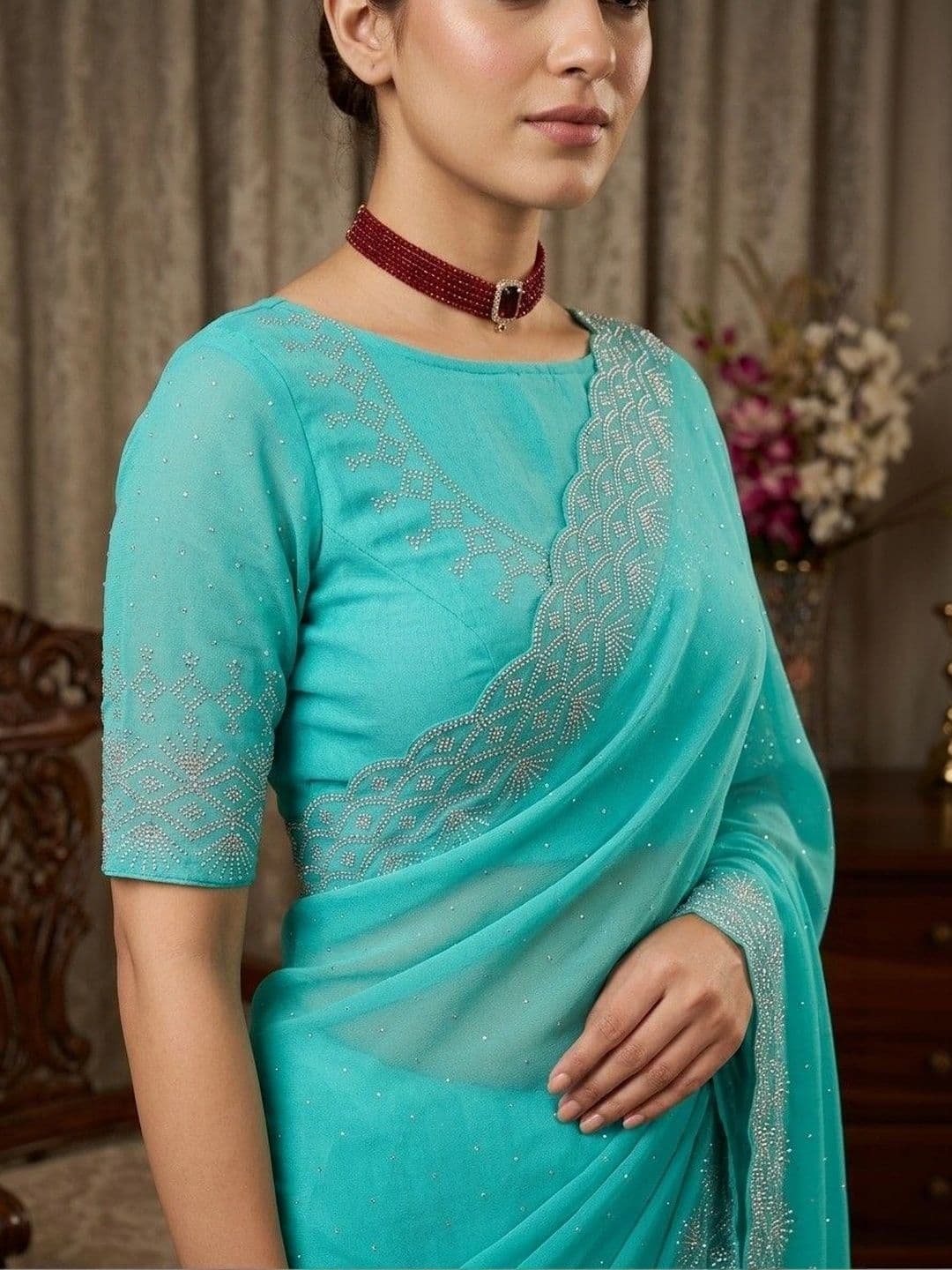 SmileyFashion Embellished Embroidered Pure Georgette Designer Saree thumbnail 4