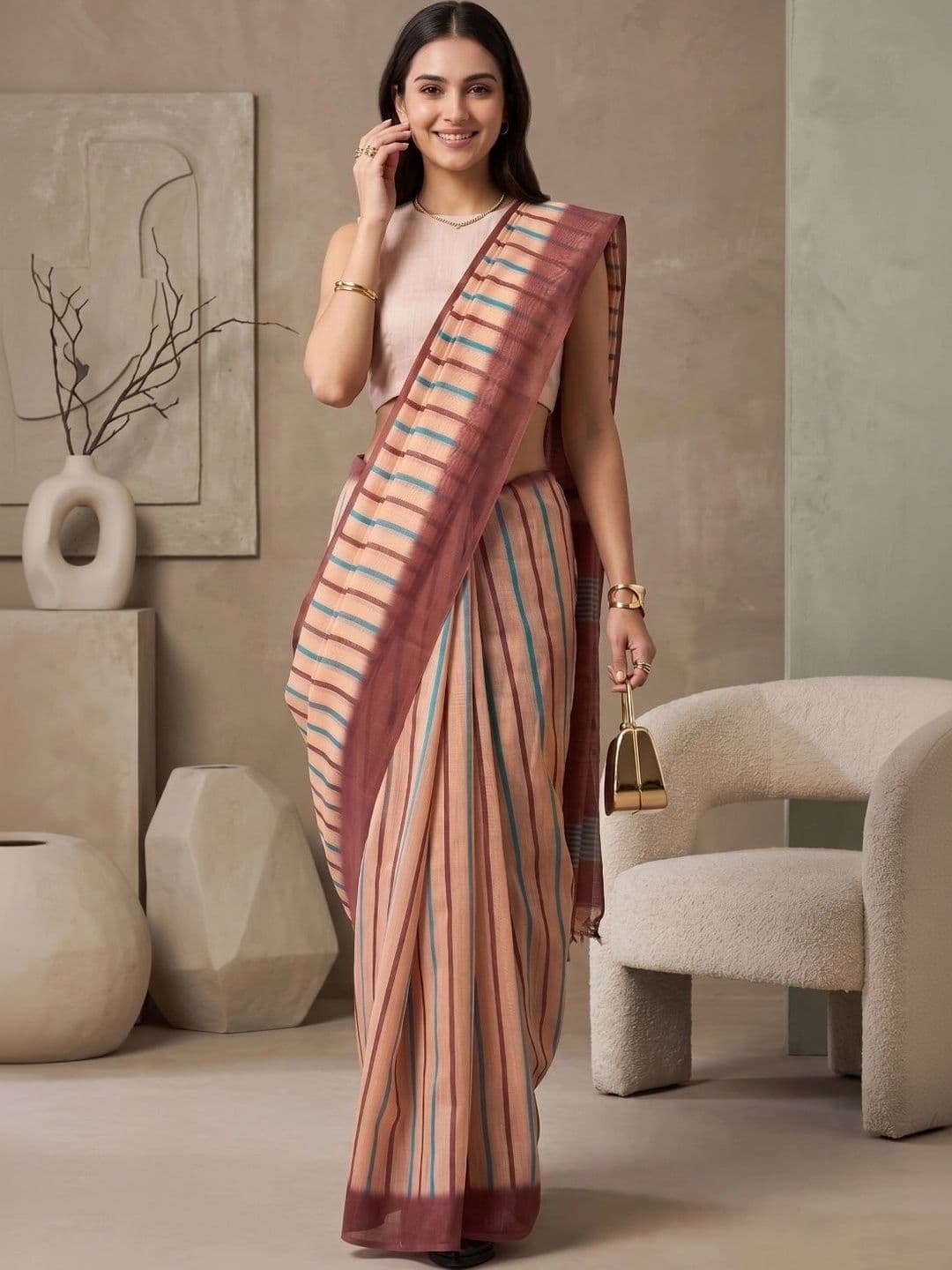 BORAD FASHION Striped Designer Chanderi Saree - view 1