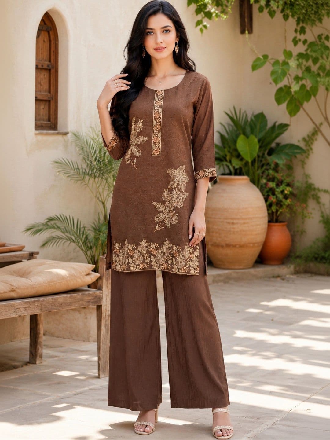 Moda Rapido Organic Cotton Embroidered Tunic with Palazzos - view 1