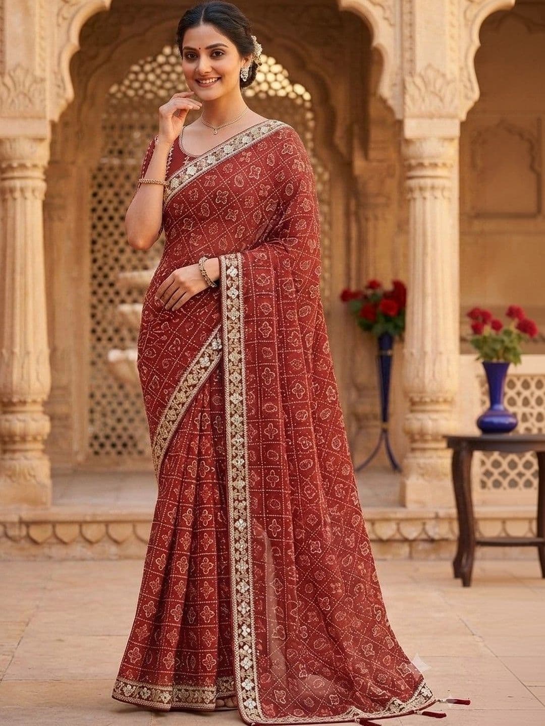 SmileyFashion Bandhani Embroidered Art Silk Designer Bandhani Saree thumbnail 5