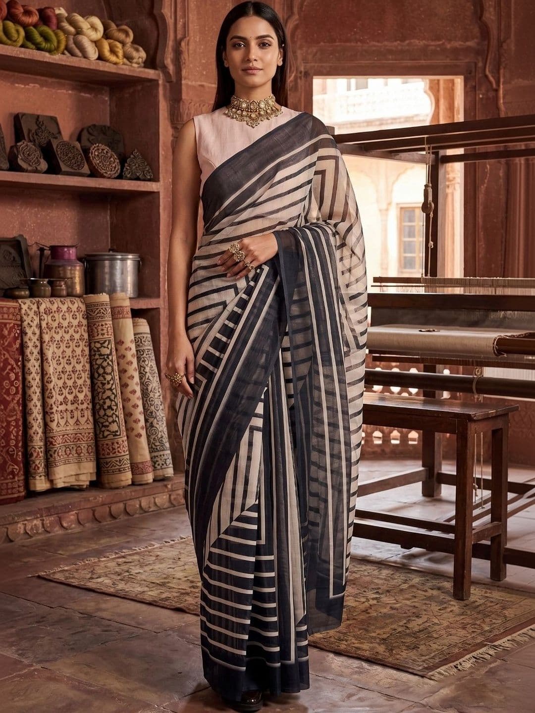 BORAD FASHION Striped Designer Chanderi Saree thumbnail 4