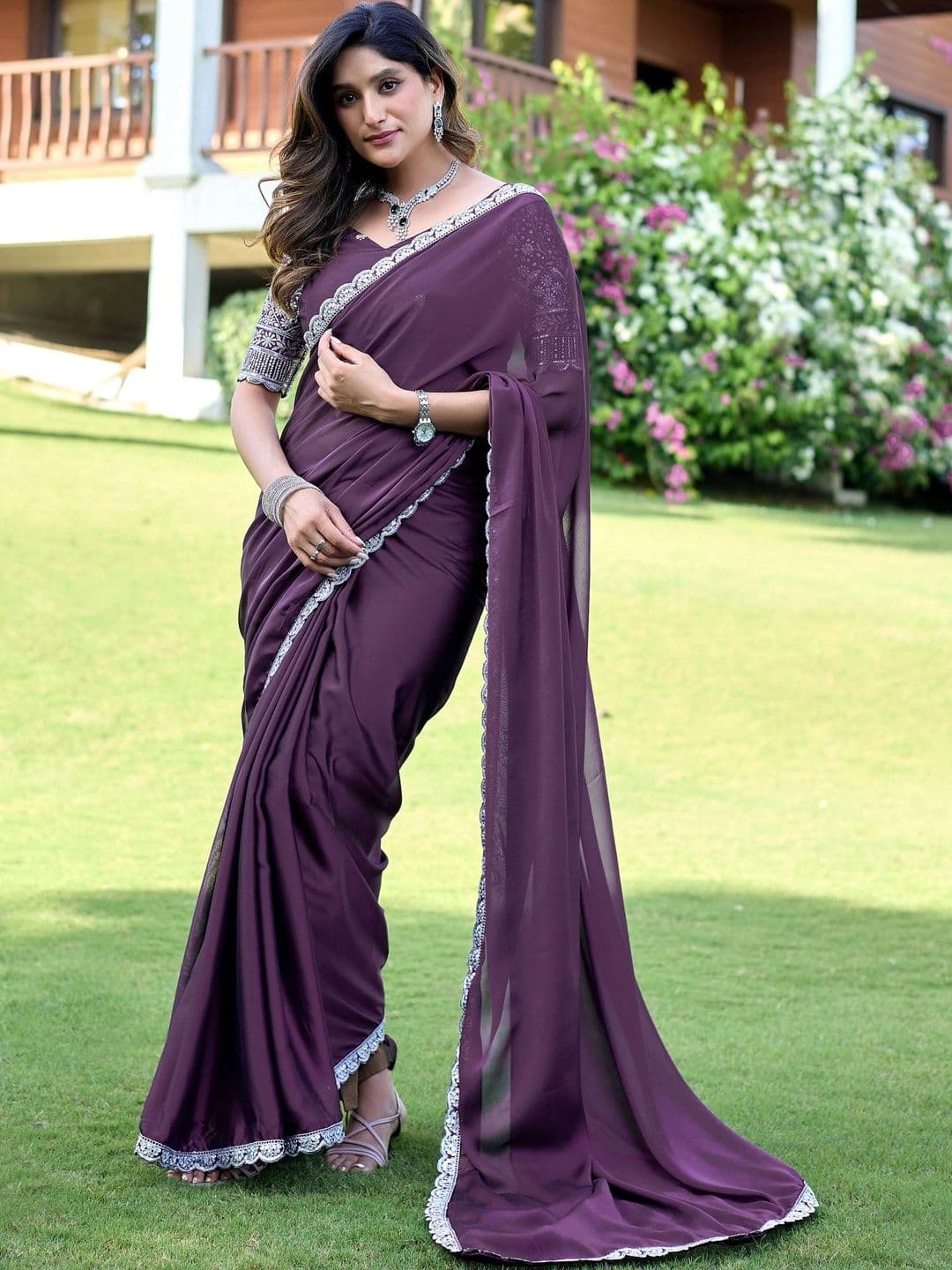 K 5 Fashion Ethnic Motifs Embroidered Pure Georgette Fusion Ikat Saree thumbnail 3