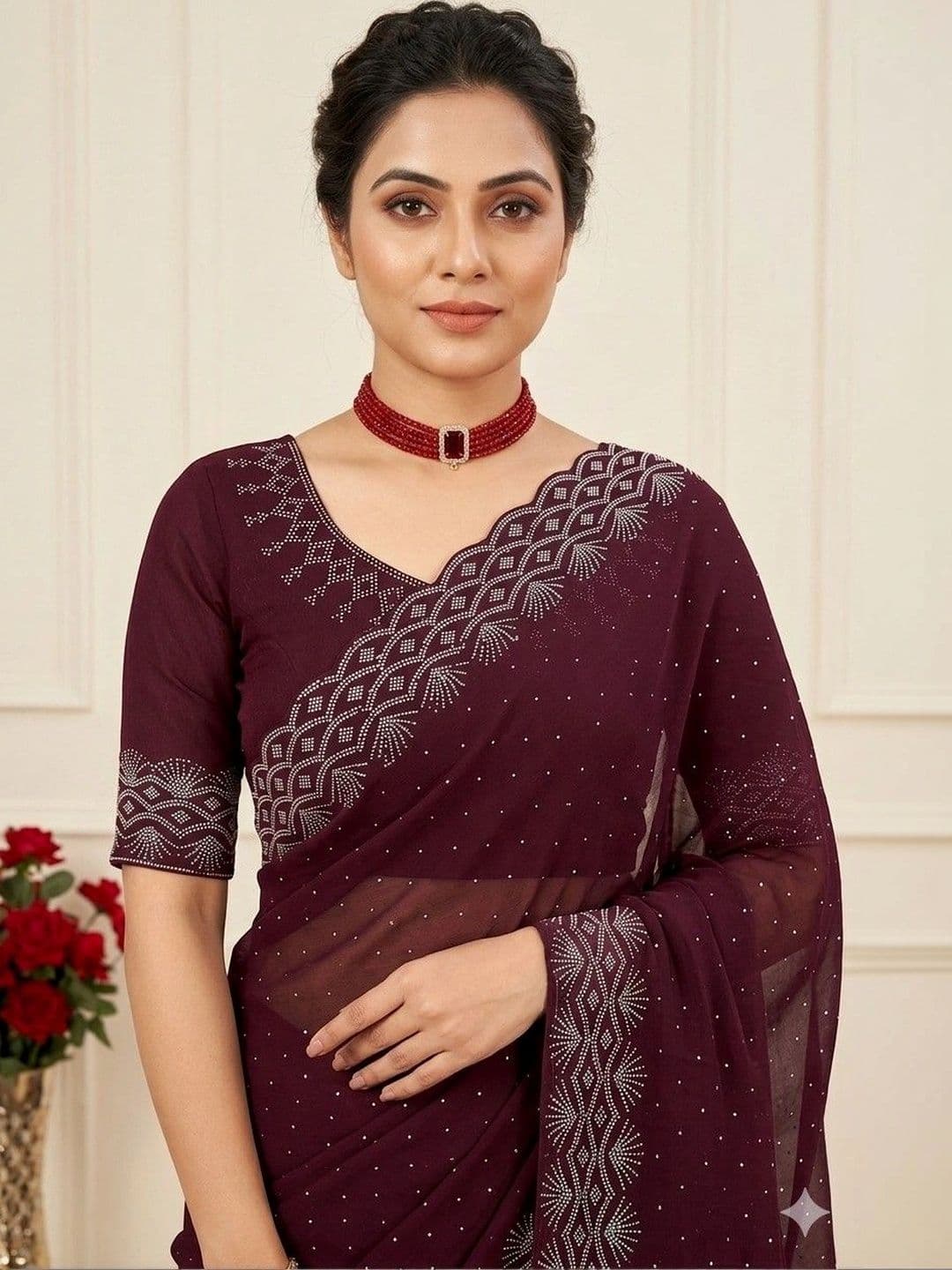 SmileyFashion Embellished Embroidered Pure Georgette Designer Saree thumbnail 5