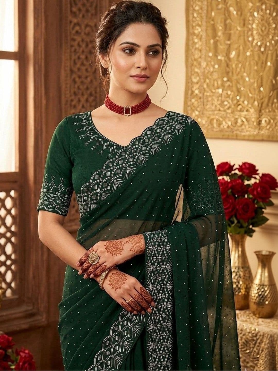 SmileyFashion Embellished Pure Georgette Designer Saree thumbnail 2
