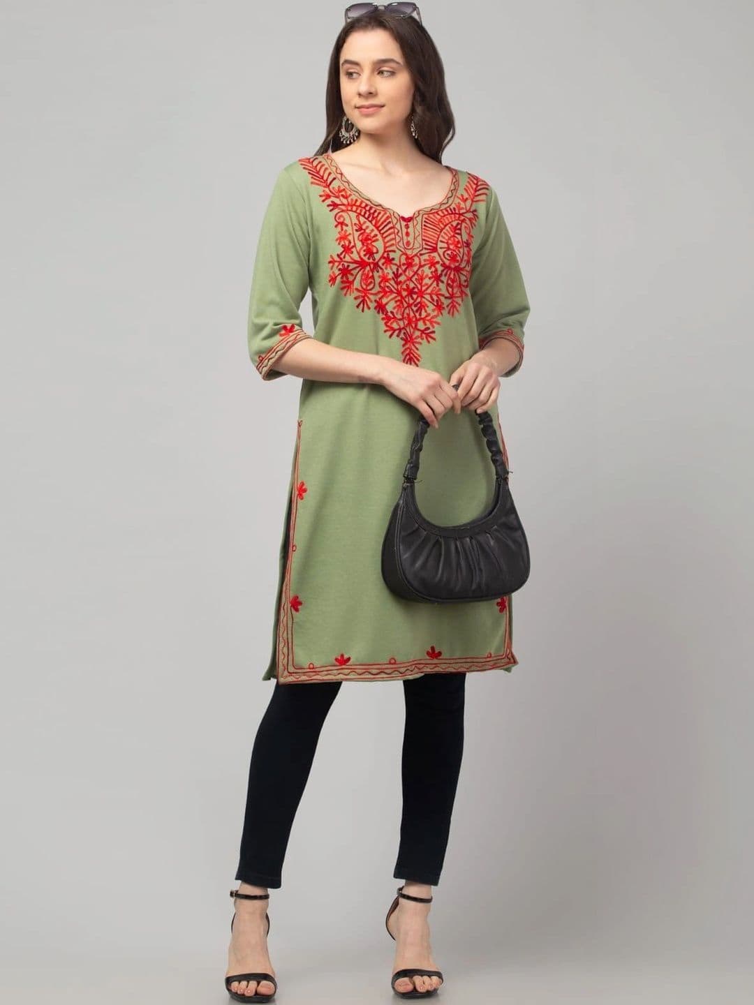 AFFLEON Women Ethnic Motifs Embroidered Thread Work Woollen Kurta thumbnail 4