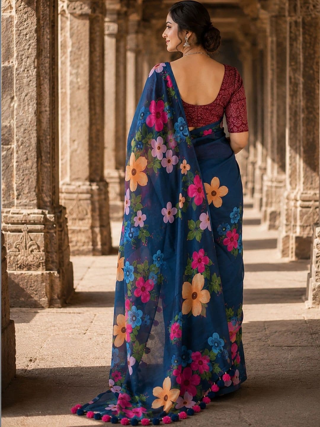 Mitera Floral Linen Blend Designer Block Print Saree thumbnail 6