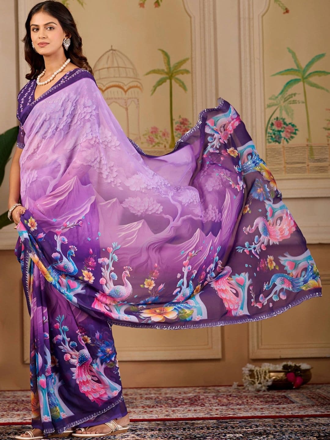 K 5 Fashion Floral Embroidered Pure Georgette Fusion Ikat Saree thumbnail 2