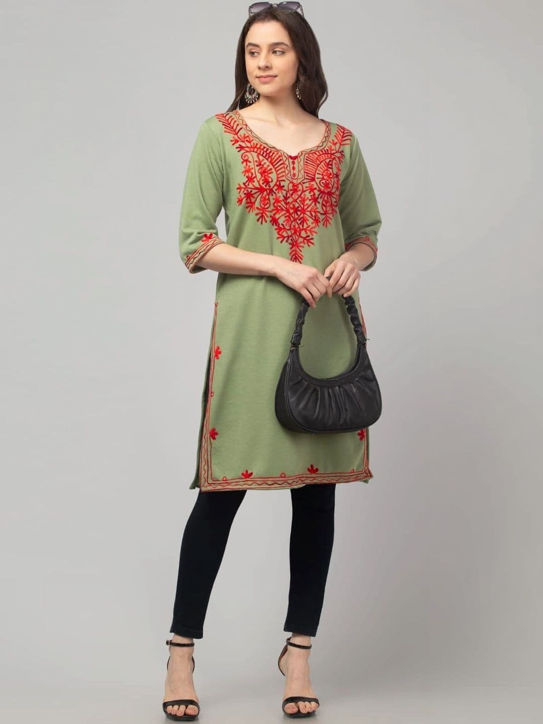 ERUDITE CLUB Women Ethnic Motifs Embroidered Thread Work Woollen Kurta thumbnail 6