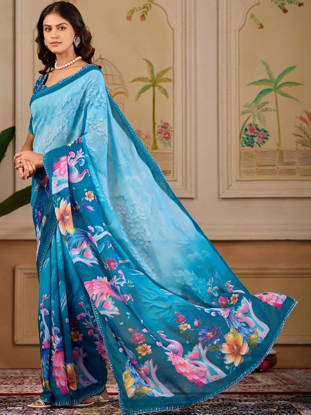 K 5 Fashion Ethnic Motifs Embroidered Pure Georgette Fusion Ikat Saree thumbnail 2