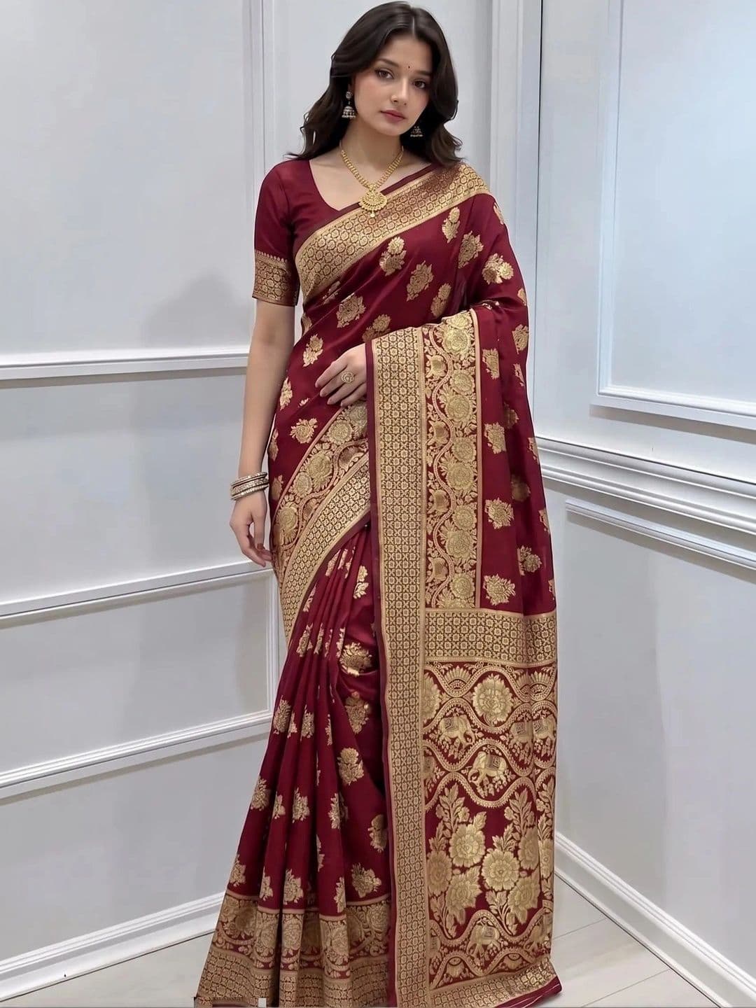 Leafsy Women Woven Design Zari Art Silk Banarasi Saree - view 1