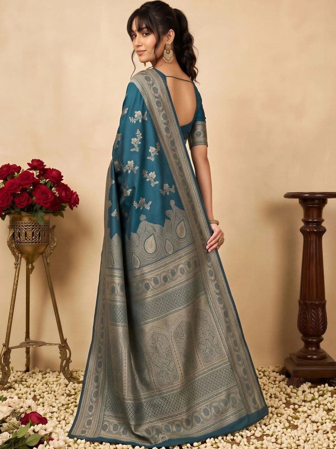 all about you Woven Design Zari Silk Blend Designer Banarasi Saree thumbnail 4