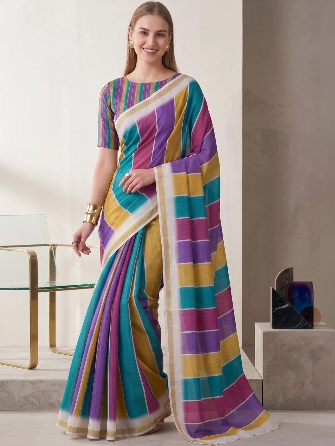BORAD FASHION Striped Designer Chanderi Saree - view 1