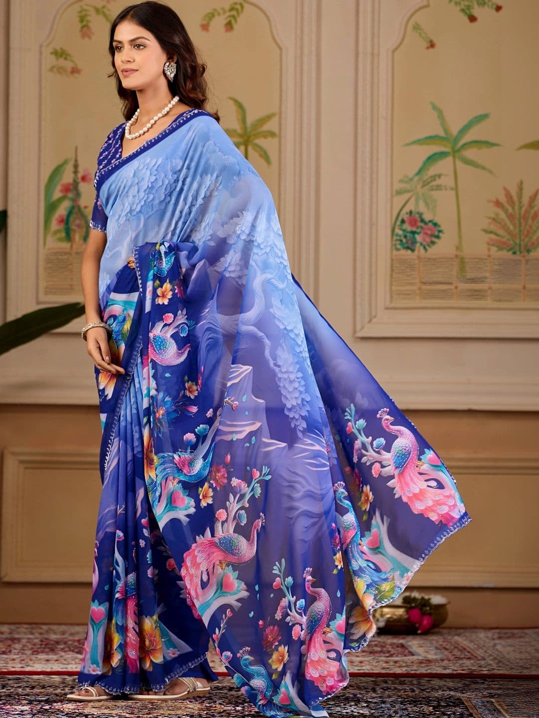 K 5 Fashion Floral Embroidered Pure Georgette Fusion Ikat Saree thumbnail 4
