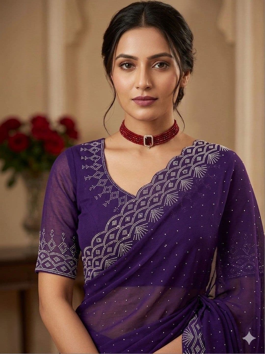 SmileyFashion Embellished Embroidered Pure Georgette Designer Saree thumbnail 4